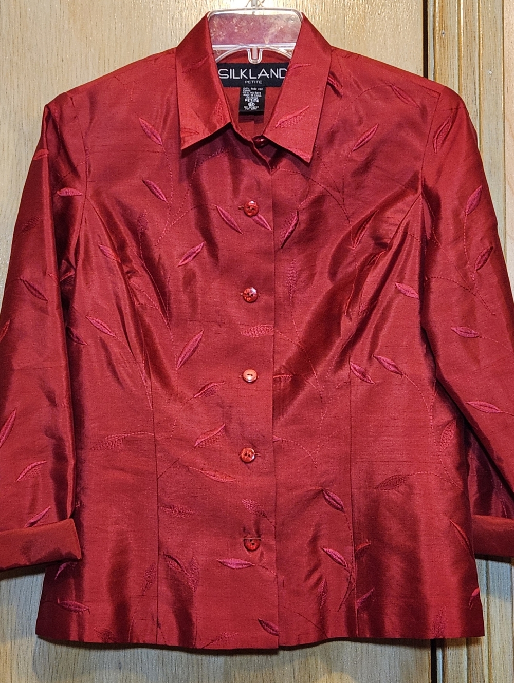 SILKLAND 100% Silk Blouse Womens Petite 6 Red Button Up Top Embroidered Leaves